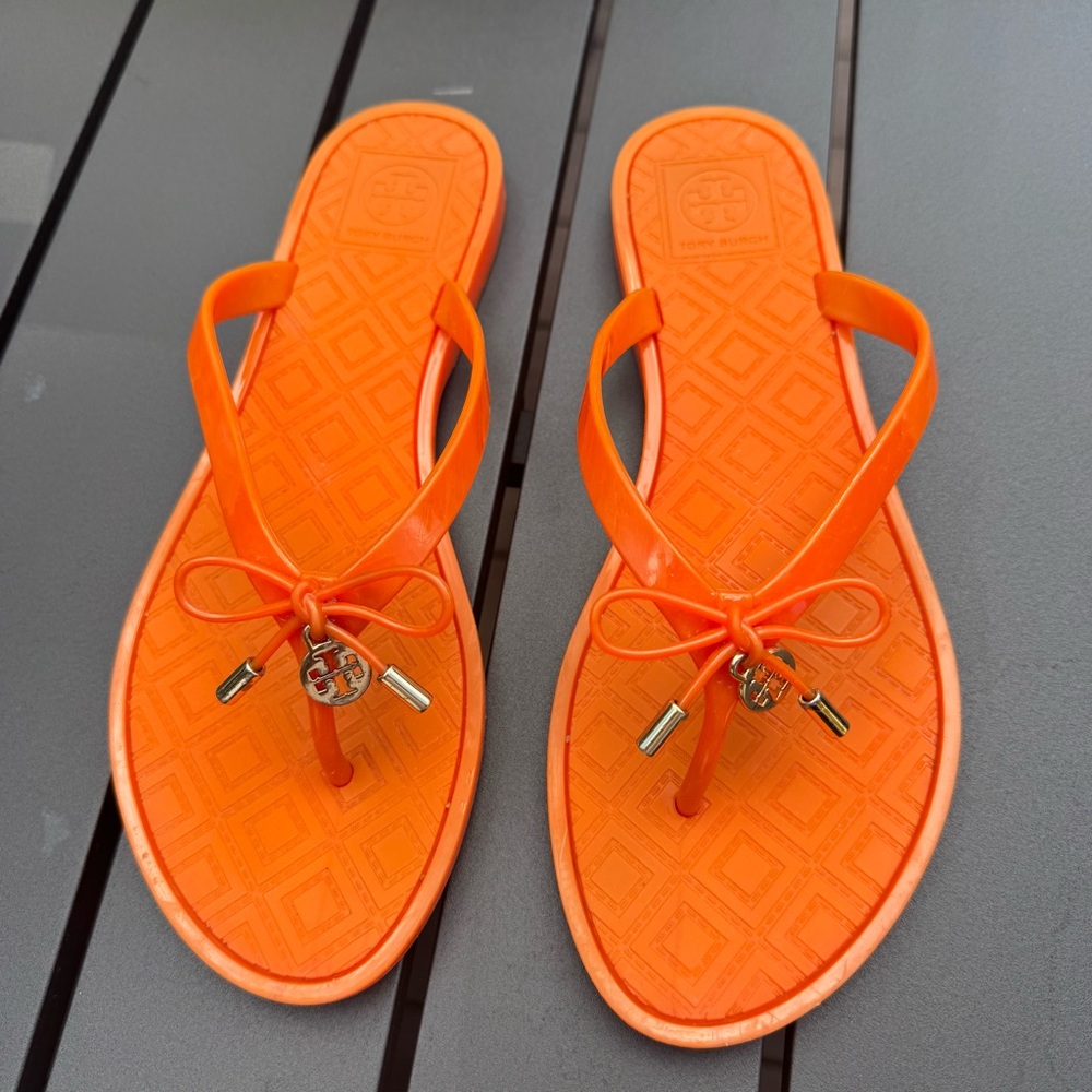 Tory Burch Orange Jelly Bow Thong Sandals with Logo Charm